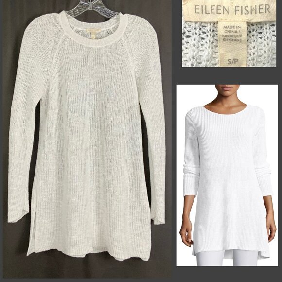 Eileen Fisher Sweaters - Eileen Fisher White Crew Neck Tunic Sweater Organic Linen Blend Long Sleeve Sz S